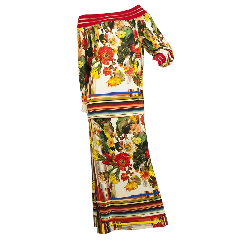 Fuzzi Multicolor Cactus Flowers Off Shoulder Top Long Maxi Skirt Set size S - 7