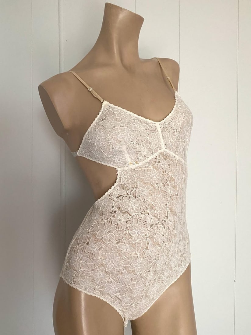 Vintage 1960s White Lace Body Suit Dancette Sz xS S - 2