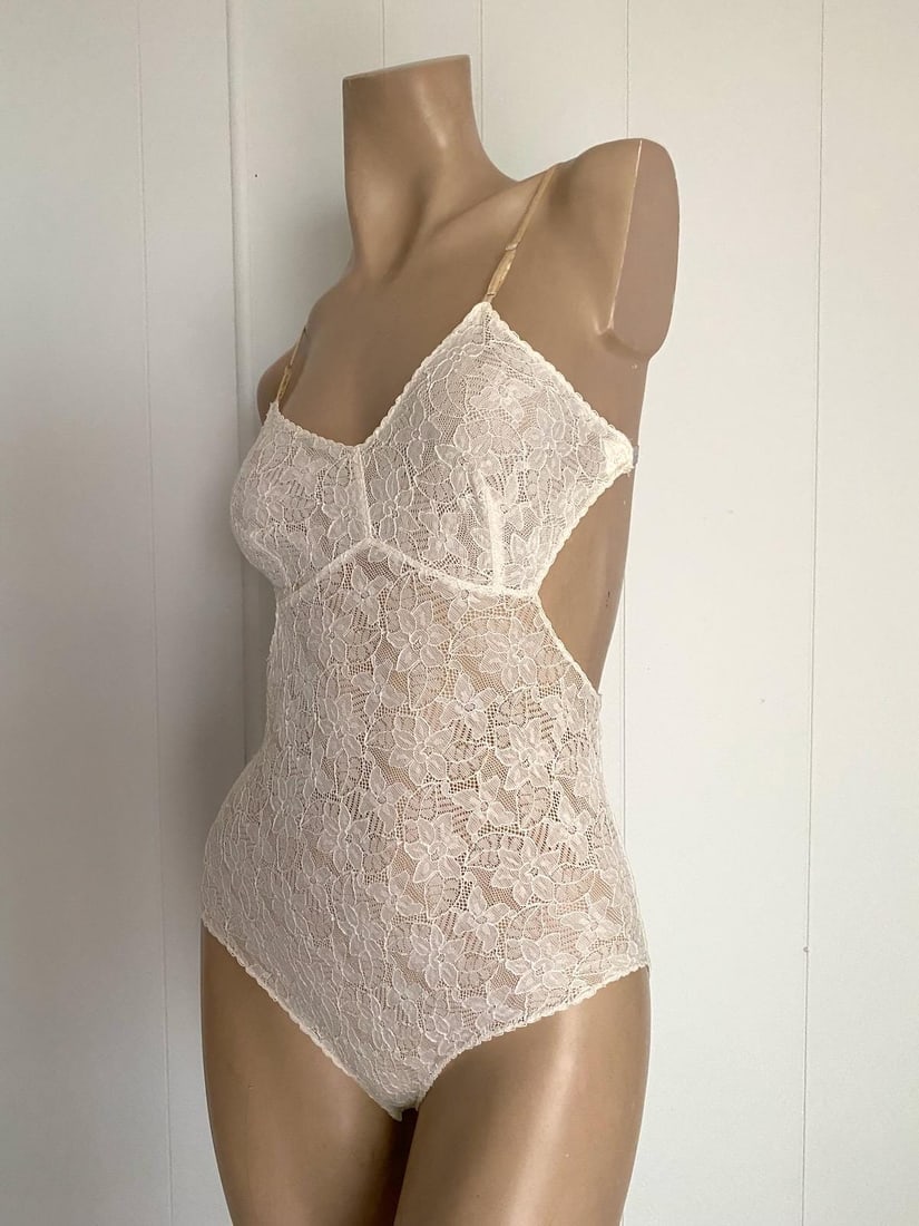 Vintage 1960s White Lace Body Suit Dancette Sz xS S - 3