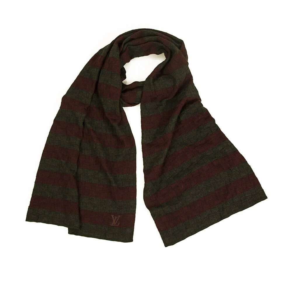 Louis Vuitton gray & burgundy wool & cashmere LV damier pattern mens long scarf (1 of 7)
