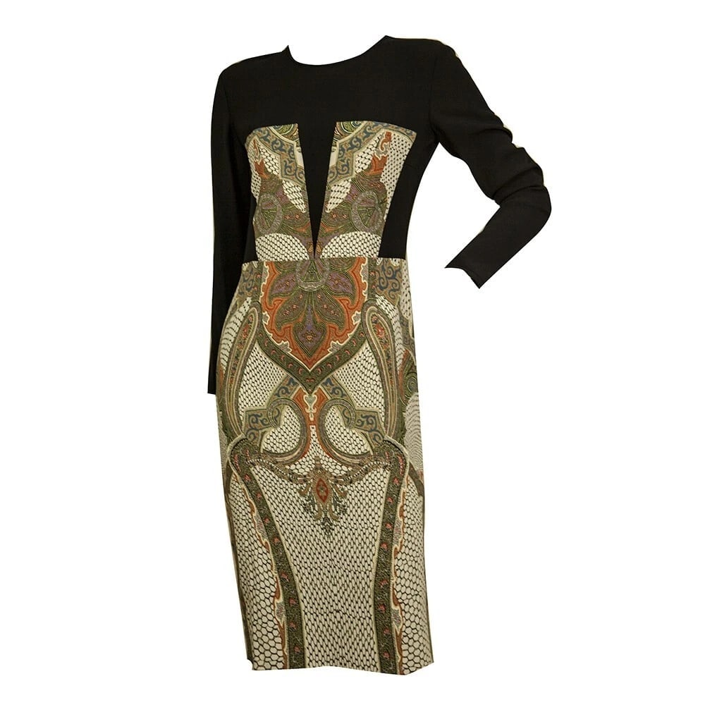 ETRO Black Multicolor Paisley Long Sleeve Bodycon Knee Length Dress size 42 - 5