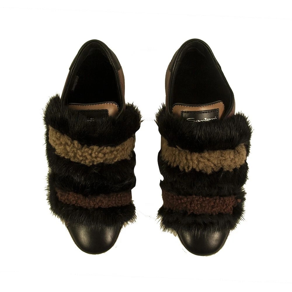 Santoni Black Brown Fur Leather Low Top Sneakers Trainers Shoes size 37 - 2