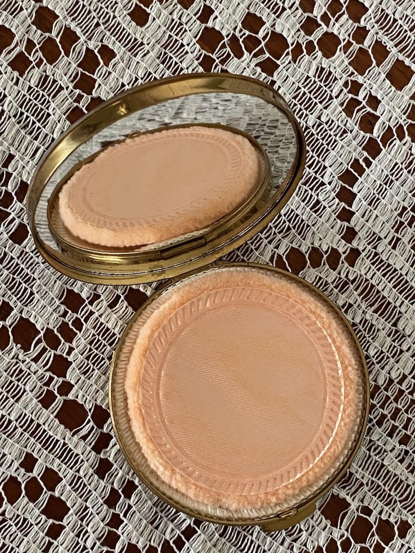 Vintage 1950s Powder Compact Faux MOP + Rhinestones - 10