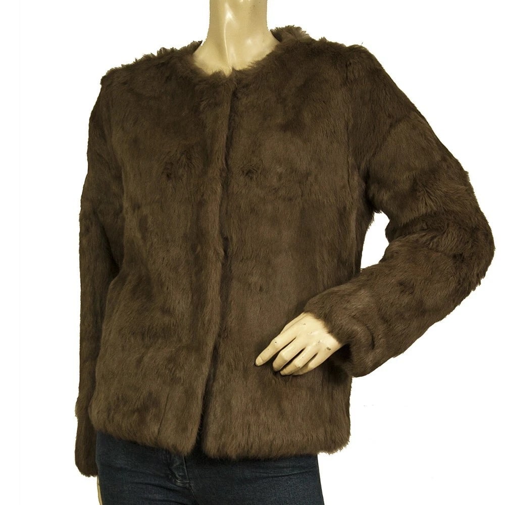 Sunrise 100% Lapin Brown Fur Hook & Eye Closure Collarless Jacket Coat size M (1 of 7)