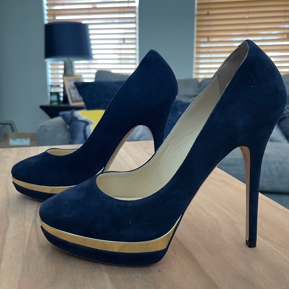 Gorgeous, Brand New, jimmy Choo Navy & gold platform pumps heels shoes 4…: Absolutely gorgeous brand new never worn jimmy Choo Navy blue suede platform pumps with gold trim. Absolutely stunning never been worn brand new. I just can’t wear them with my knee surgery I