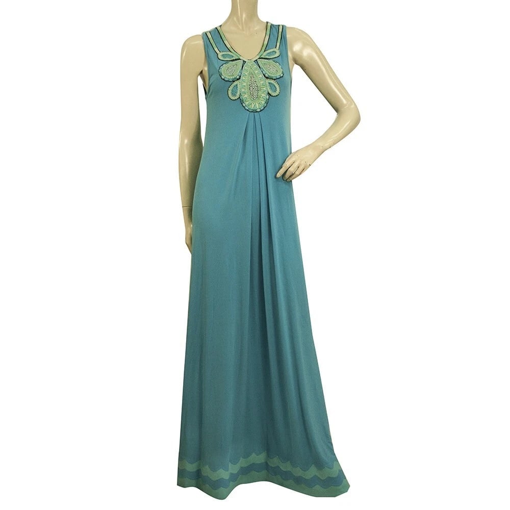Ranna Gill Blue Turquoise Embroidered Bib Sleeveless Maxi Long Dress size S (1 of 7)