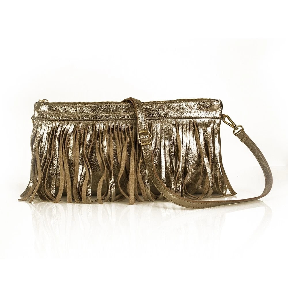 Genuine Bronze Metallic Leather Boho Hippie Shoulder Bag with Fringes Handbag (1 of 8)