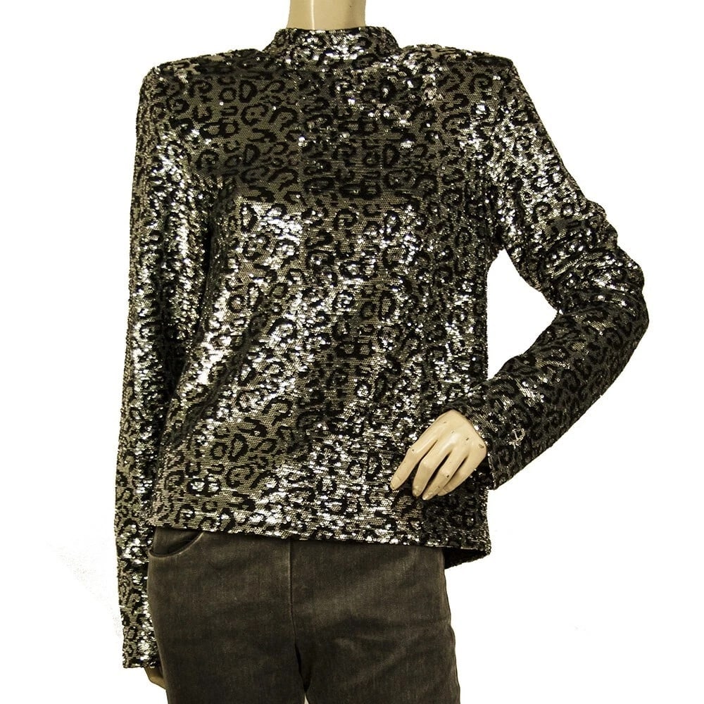 R+A Silver Black Leopard Fully Sequined Half Zipper Fashion Jacket size M (1 of 6)