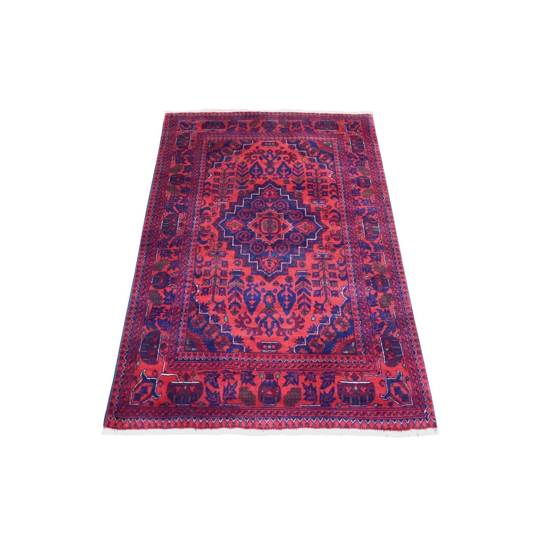 Red Hand Knotted, Afghan Khamyab, Geometric Design Pure Wool Rug (1 of 6)