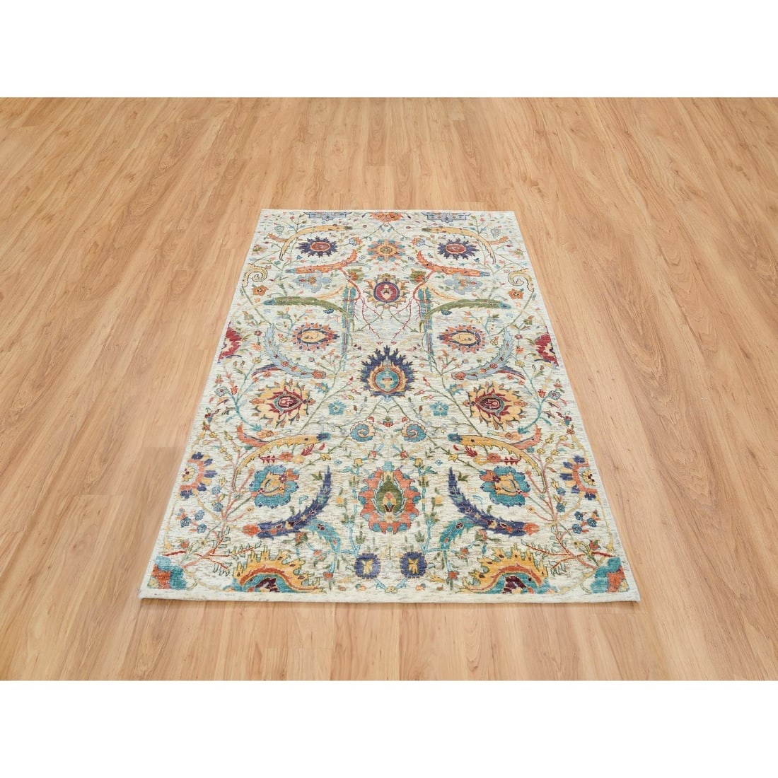 Tan,Hand Knotted Sickle Leaf Design, Silk With Textured Wool - 2