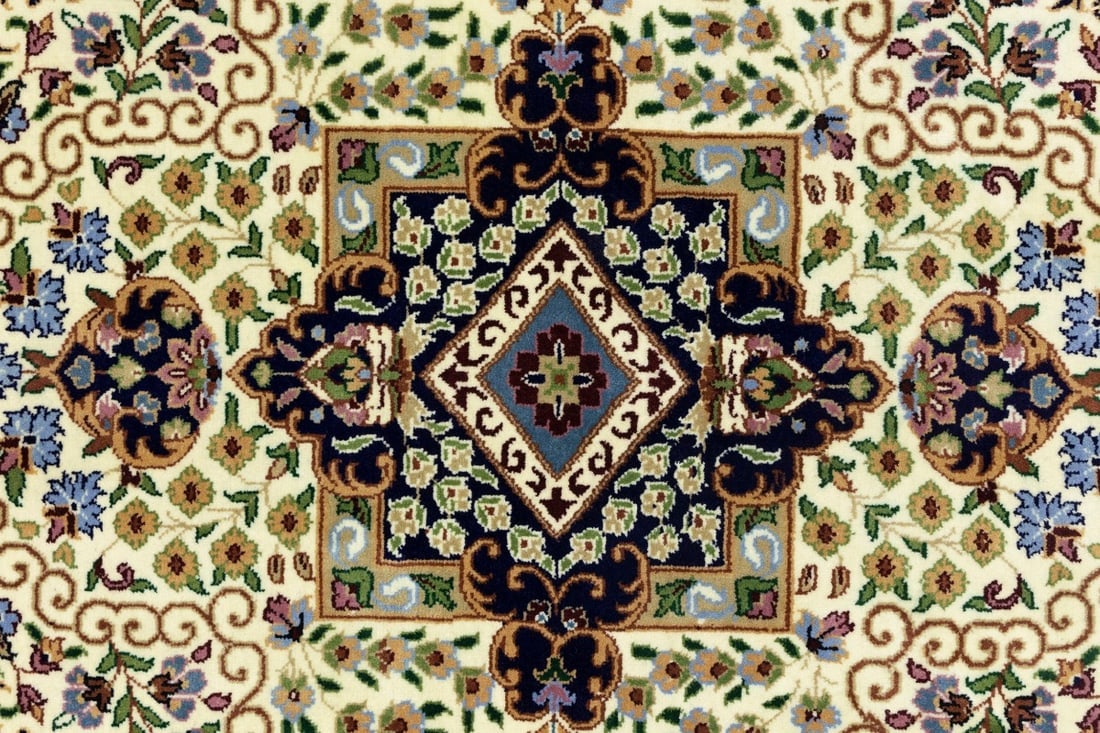 Cream & Navy Floral 5'9X7'8 Kirman Oriental Rug - 10