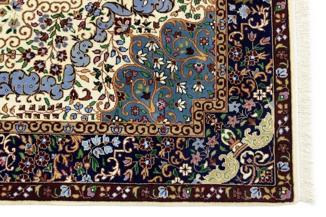 Cream & Navy Floral 5'9X7'8 Kirman Oriental Rug - 13