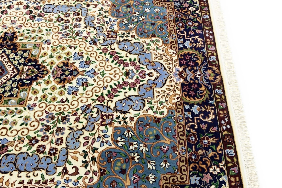 Cream & Navy Floral 5'9X7'8 Kirman Oriental Rug - 15