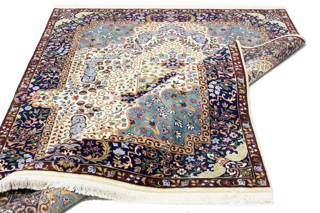 Cream & Navy Floral 5'9X7'8 Kirman Oriental Rug - 19
