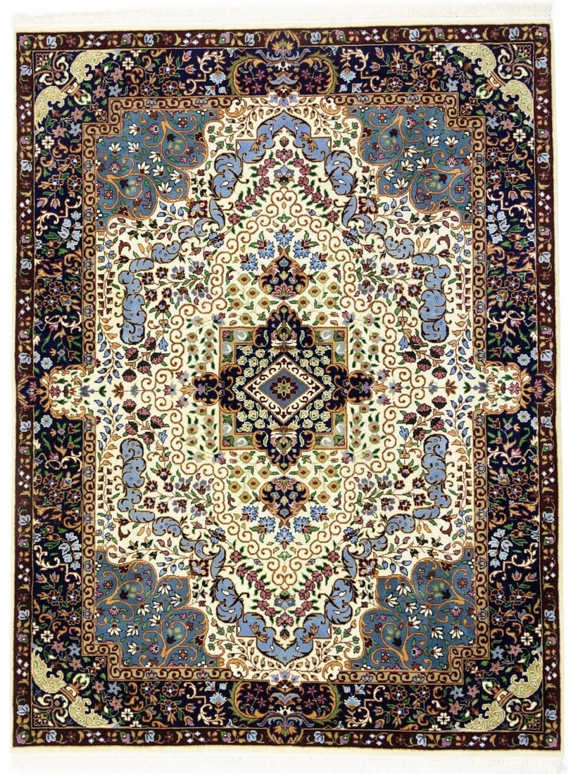 Cream & Navy Floral 5'9X7'8 Kirman Oriental Rug (1 of 20)