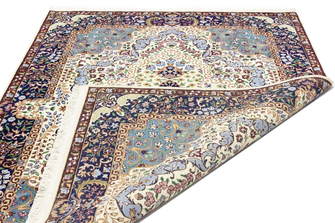 Cream & Navy Floral 5'9X7'8 Kirman Oriental Rug - 20