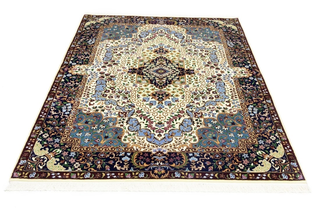 Cream & Navy Floral 5'9X7'8 Kirman Oriental Rug - 3