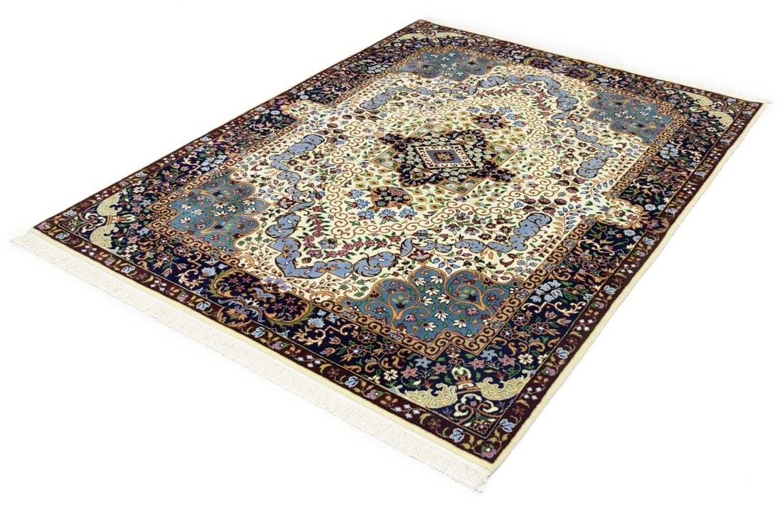 Cream & Navy Floral 5'9X7'8 Kirman Oriental Rug - 4
