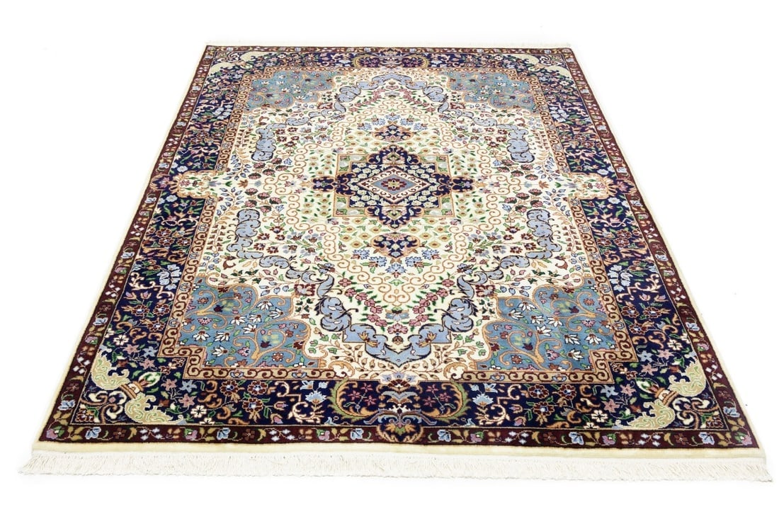 Cream & Navy Floral 5'9X7'8 Kirman Oriental Rug - 5