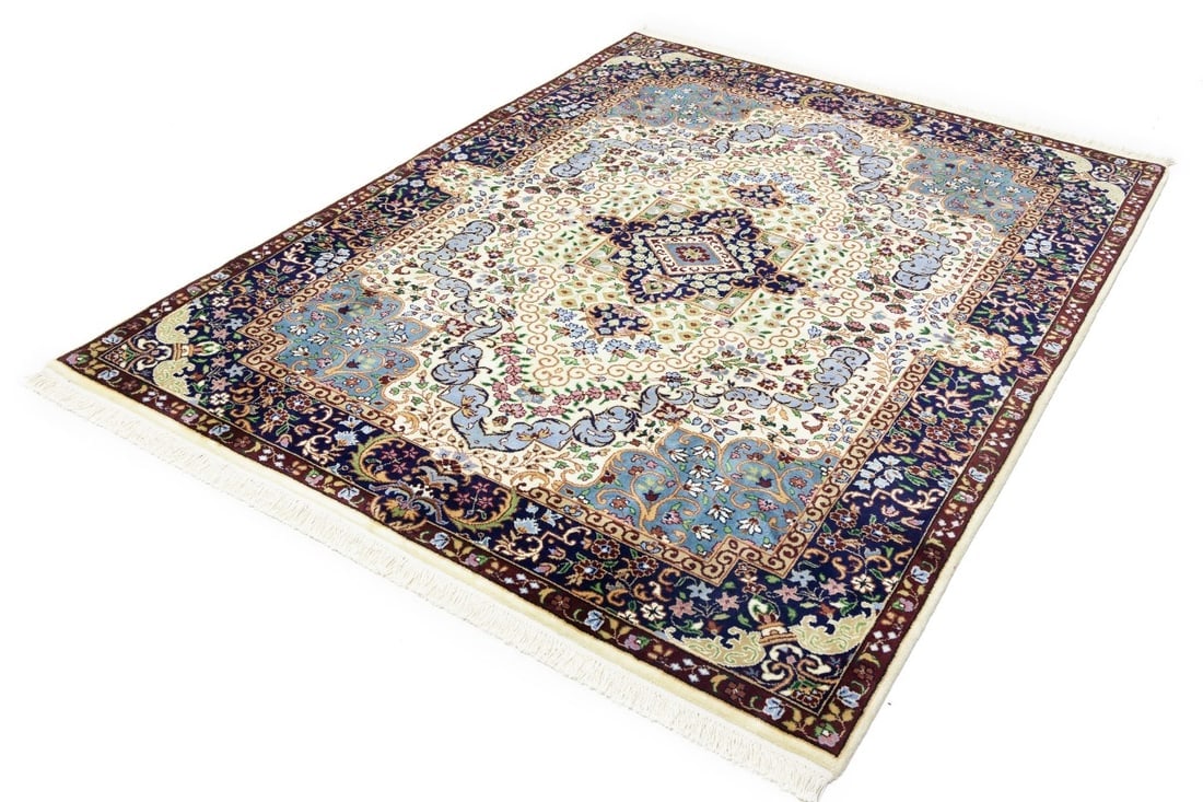 Cream & Navy Floral 5'9X7'8 Kirman Oriental Rug - 6