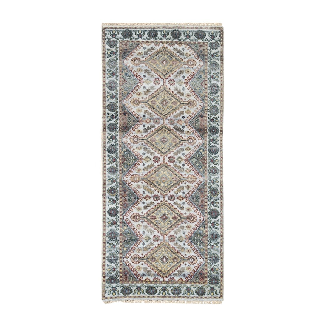 Ivory Shiraz Rosettes Border Hand Knotted Wool Runner Oriental Rug (1 of 8)