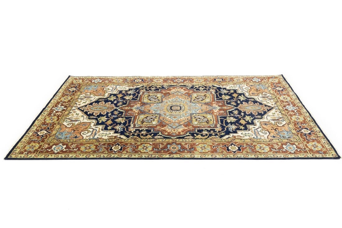 Dark Navy Geometric 6X9 Heriz Serapi Oriental Rug - 6