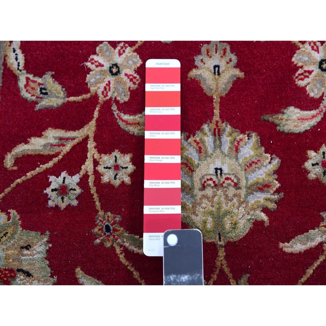 Red Wool and Silk Hand Knotted Rajasthan Leaf Design XL Runner Rug - 4