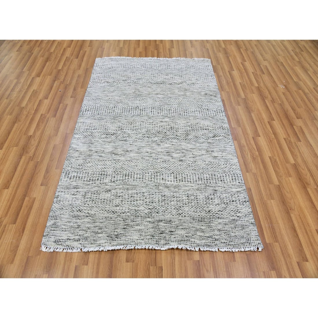 Platinum Gray Modern Grass Design Pure Undyed Wool Hand Knotted Rug - 2