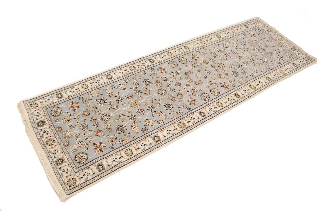 Light Blue-gray Floral 3X8 Indo-Nain Oriental Runner Rug - 4