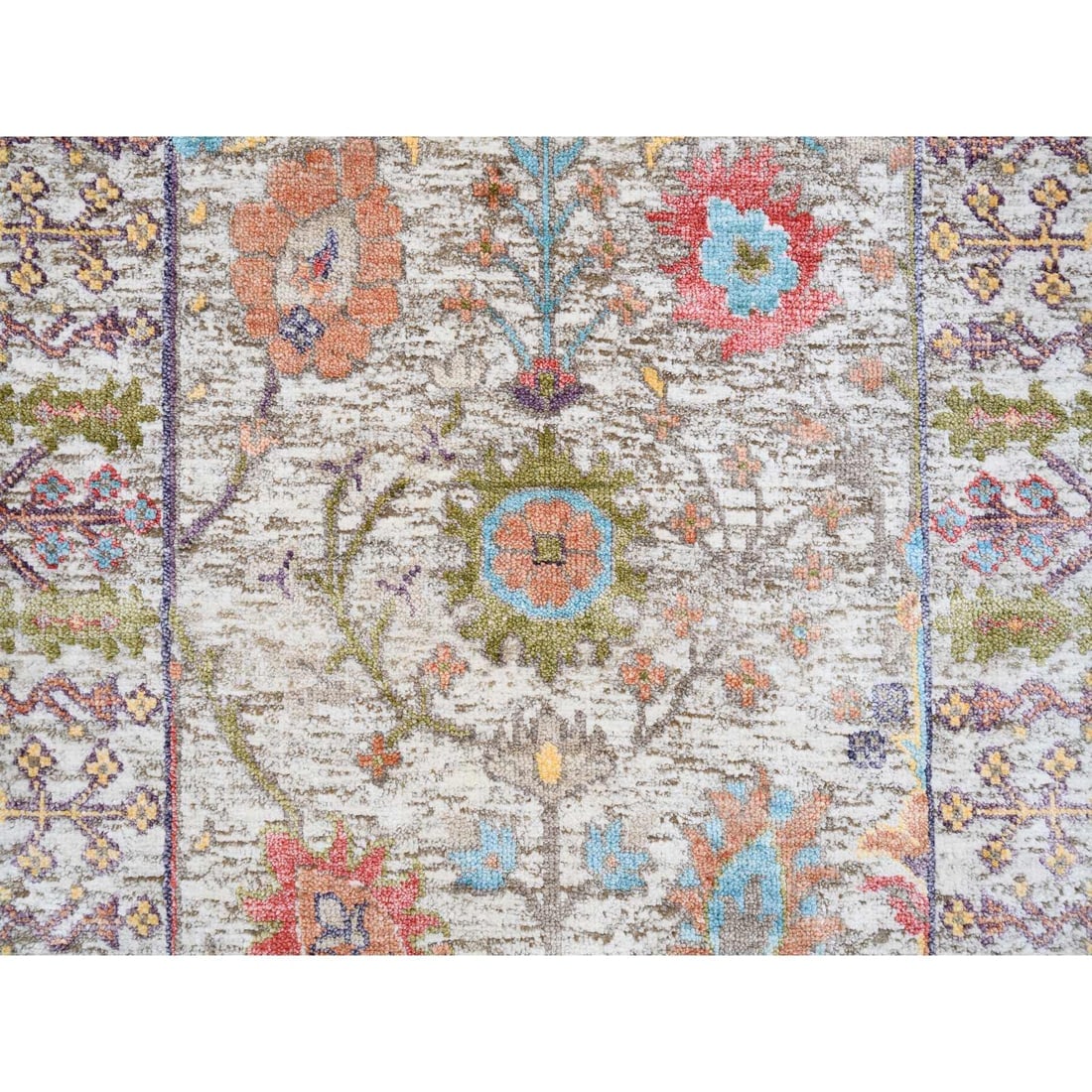 Beige, Silk With Textured Wool, Hand Knotted, Oriental, Mat Rug - 5