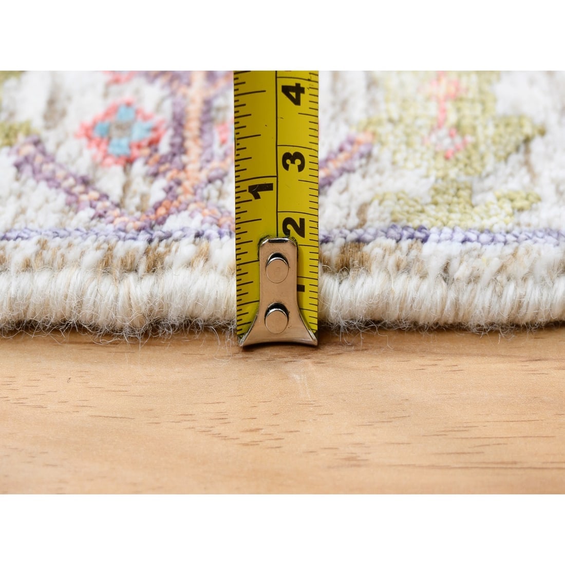 Beige, Silk With Textured Wool, Hand Knotted, Oriental, Mat Rug - 7