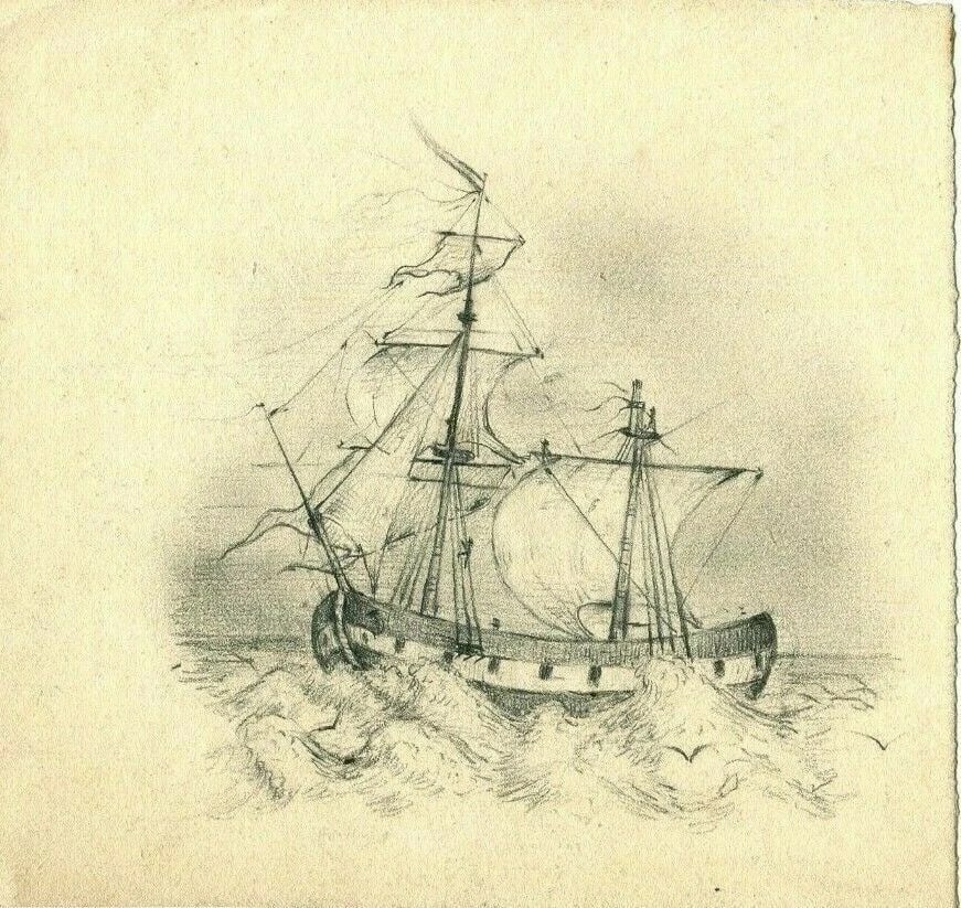 19th century Maritime Landscape with a Boat Drawing Artwork Vintage Pencil - 2