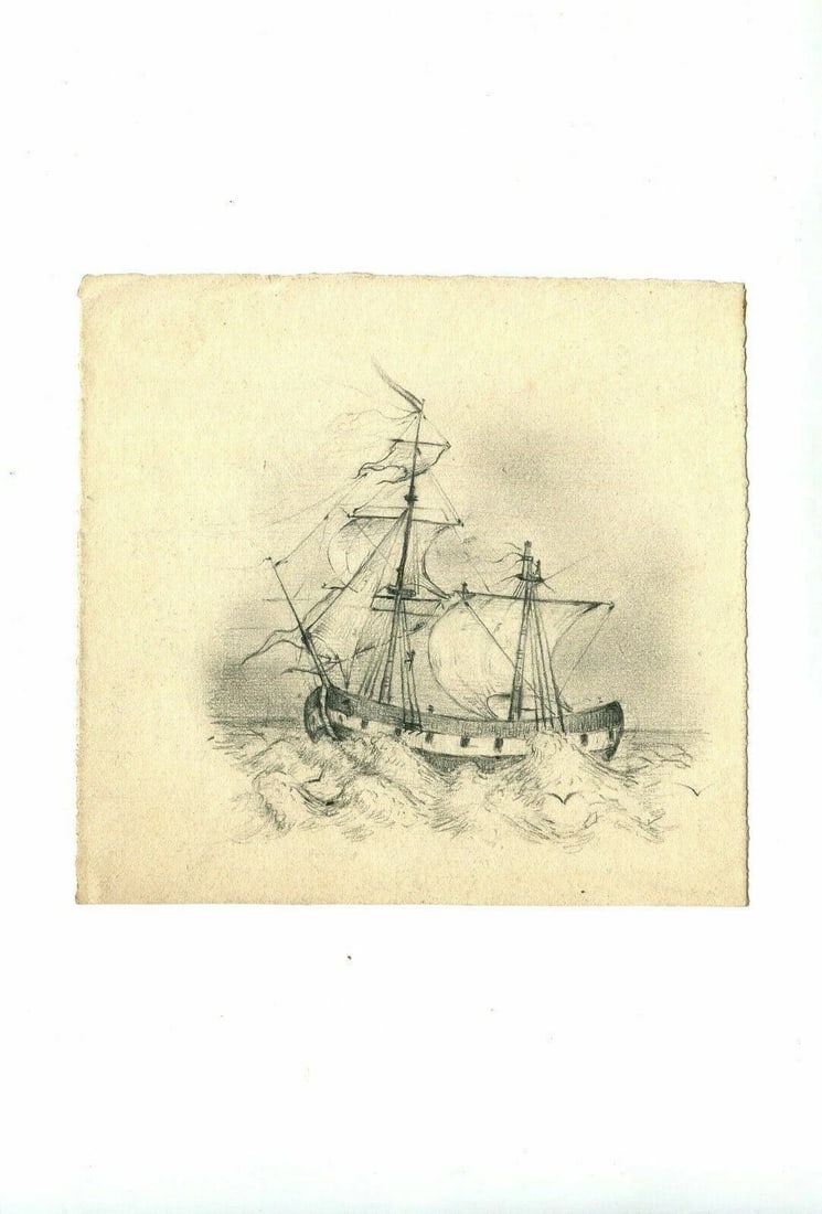 19th century Maritime Landscape with a Boat Drawing Artwork Vintage Pencil - 3