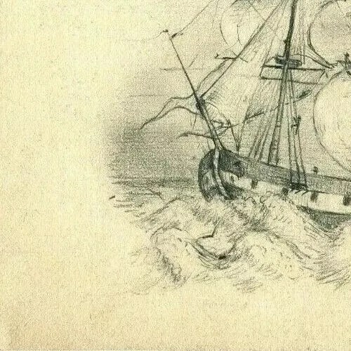 19th century Maritime Landscape with a Boat Drawing Artwork Vintage Pencil - 5