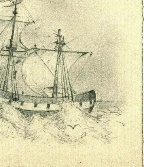 19th century Maritime Landscape with a Boat Drawing Artwork Vintage Pencil - 7
