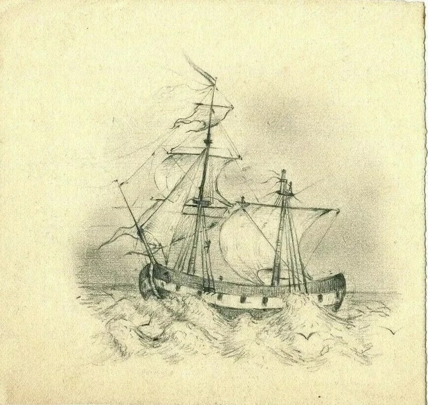 19th century Maritime Landscape with a Boat Drawing Artwork Vintage Pencil - 8