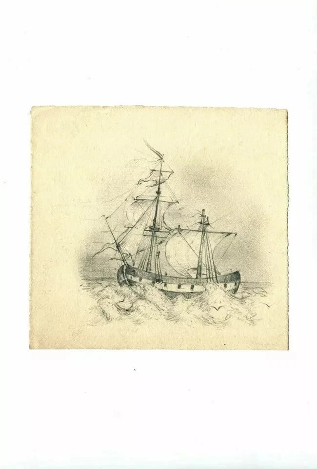 19th century Maritime Landscape with a Boat Drawing Artwork Vintage Pencil - 9