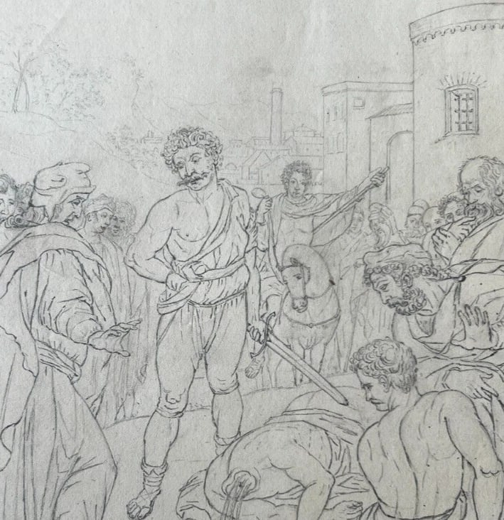 19th century Original Antique Pencil Drawing Historical Scene, Murder Artwork (1 of 9)