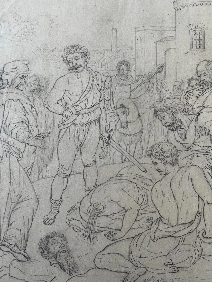 19th century Original Antique Pencil Drawing Historical Scene, Murder Artwork - 3