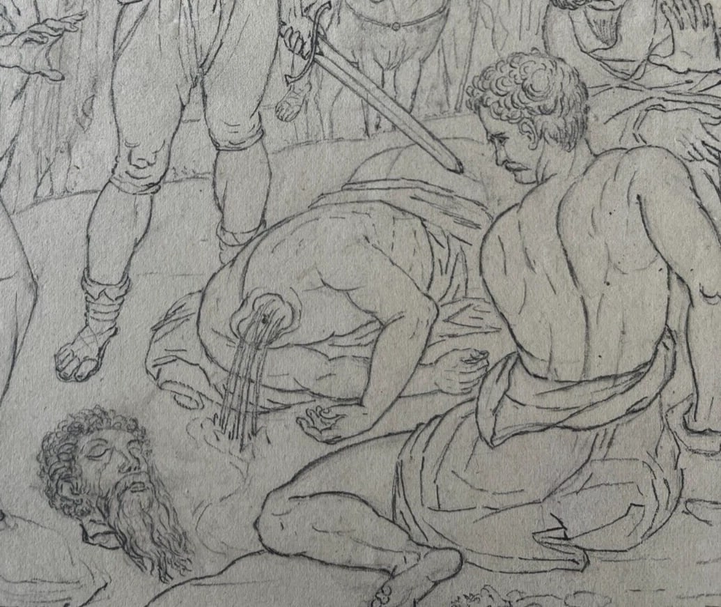 19th century Original Antique Pencil Drawing Historical Scene, Murder Artwork - 4