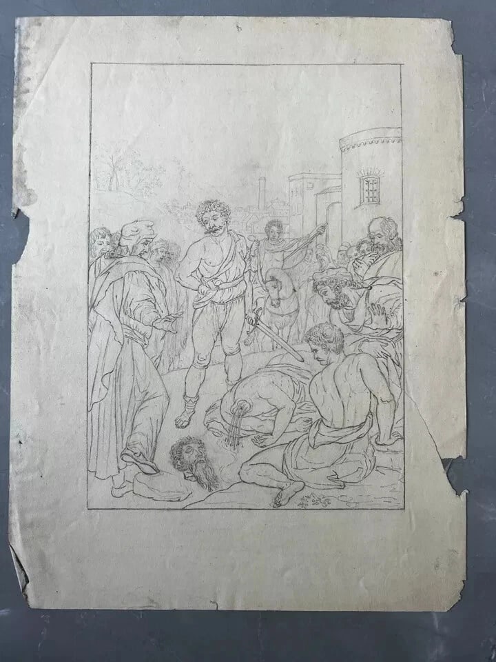 19th century Original Antique Pencil Drawing Historical Scene, Murder Artwork - 9