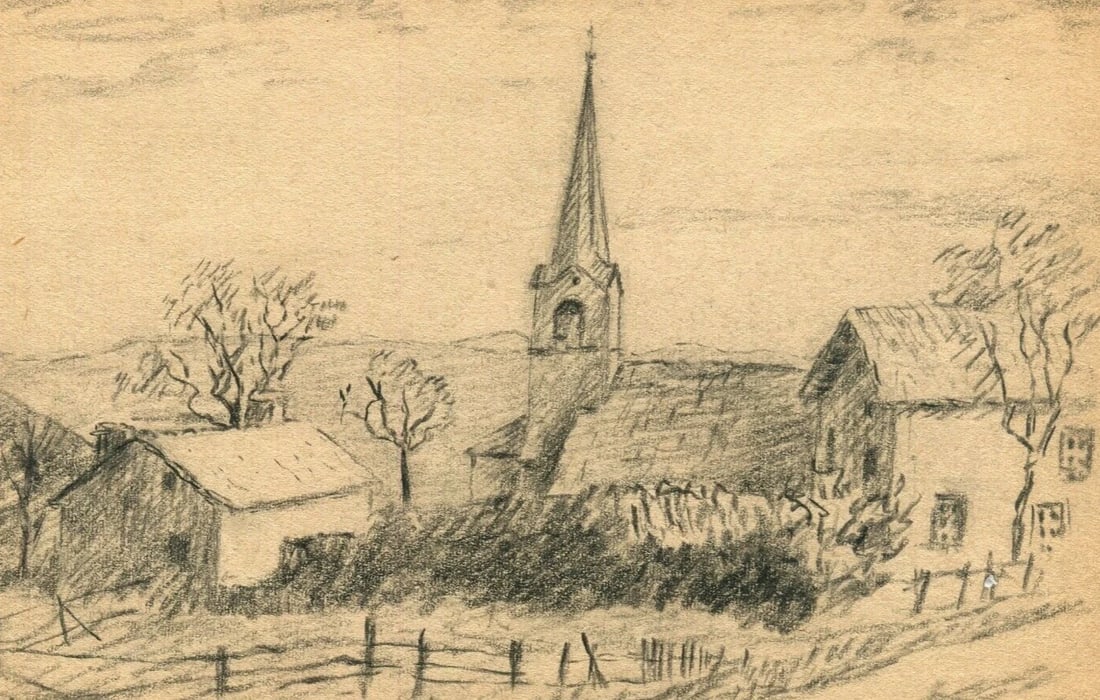 Antique Pencil Original Drawing Village Landscape 1952 Artwork - 2