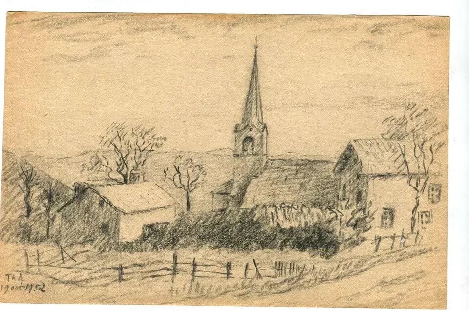 Antique Pencil Original Drawing Village Landscape 1952 Artwork - 3