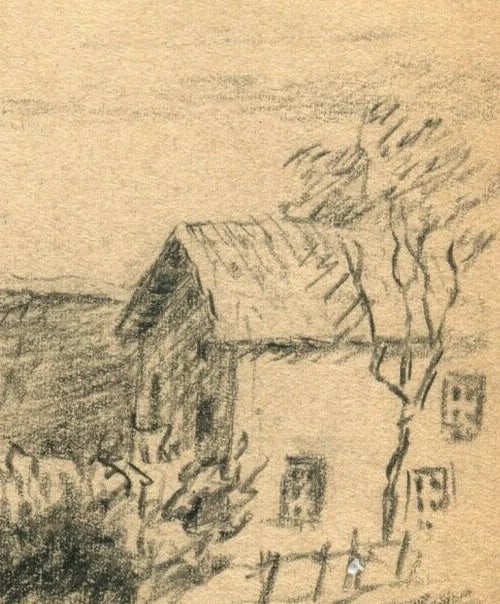 Antique Pencil Original Drawing Village Landscape 1952 Artwork - 5