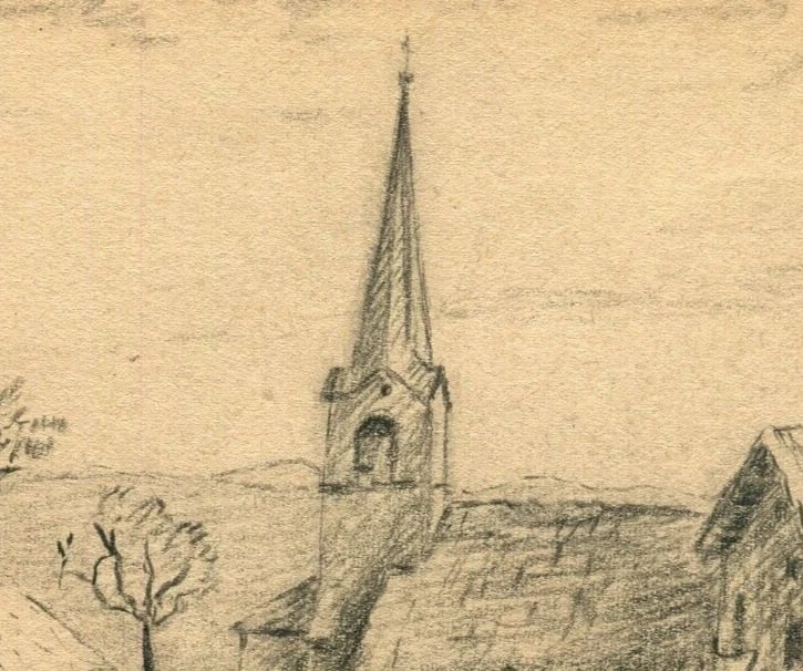 Antique Pencil Original Drawing Village Landscape 1952 Artwork - 7