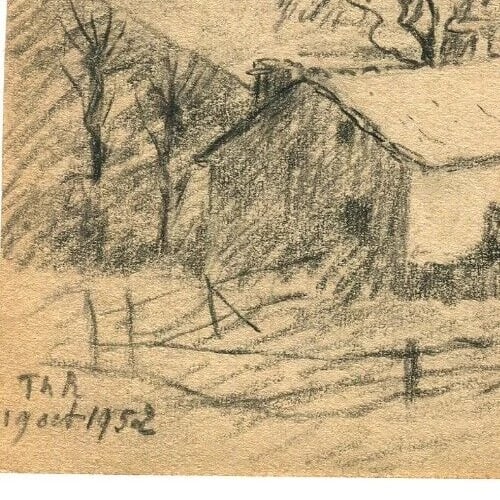 Antique Pencil Original Drawing Village Landscape 1952 Artwork - 8