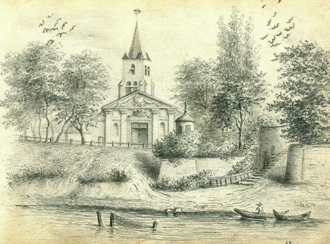 Antique Pencil Original Drawing 19th century Village Church Landscape - 2