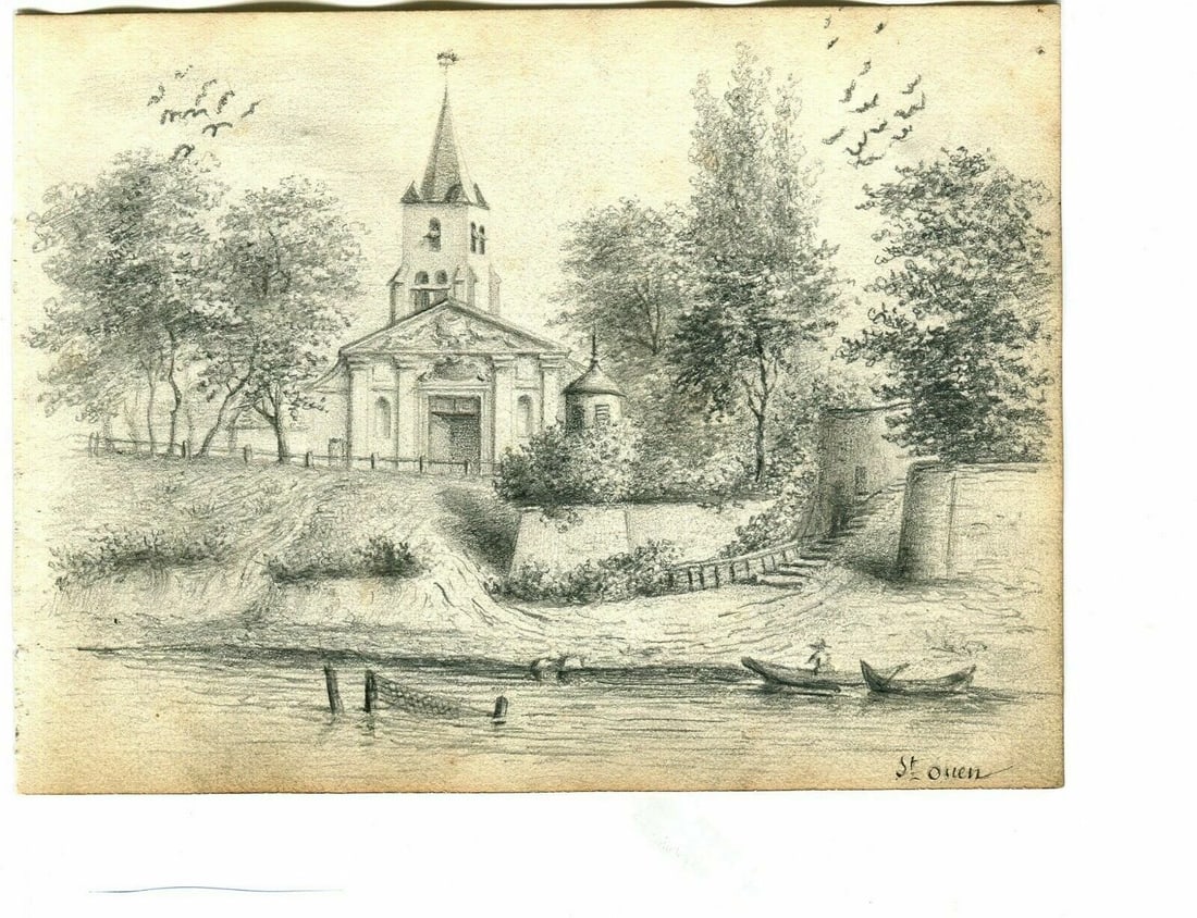 Antique Pencil Original Drawing 19th century Village Church Landscape - 3