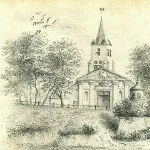 Antique Pencil Original Drawing 19th century Village Church Landscape - 4