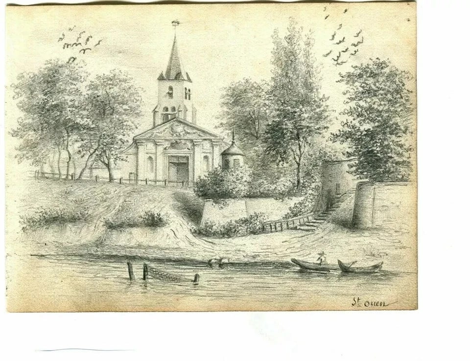 Antique Pencil Original Drawing 19th century Village Church Landscape - 5